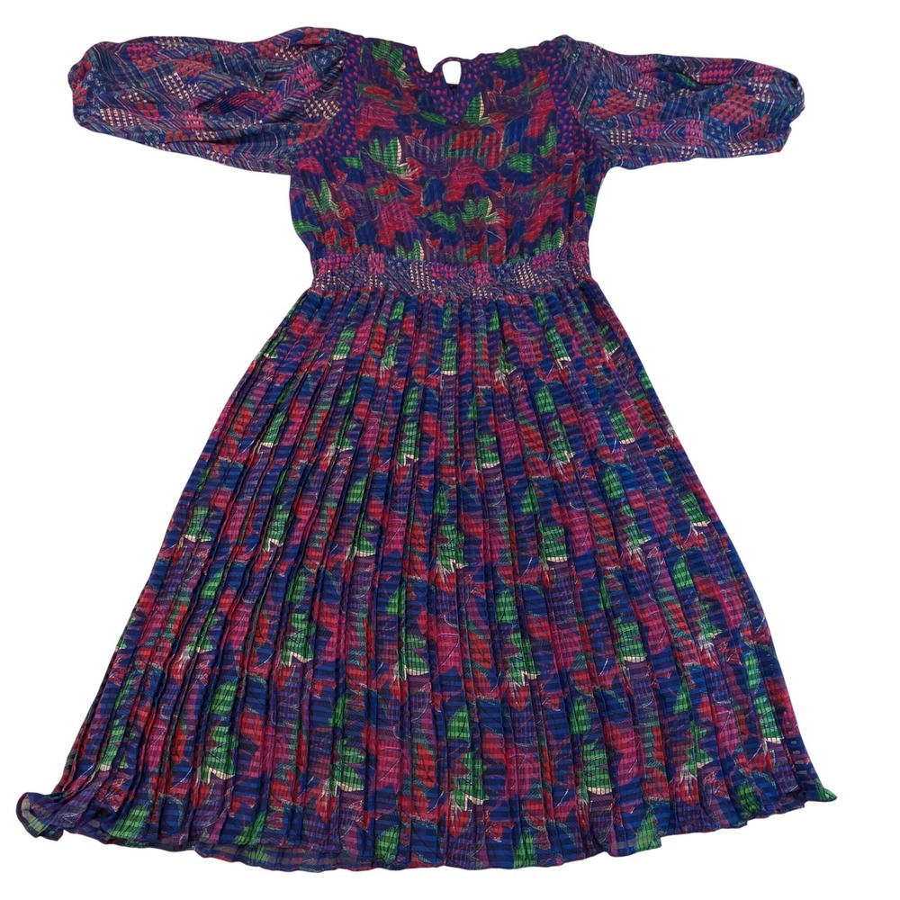 Diane Freis Vintage Floral Georgette Pleated Smocked Waist Midi Dress Blue Red M